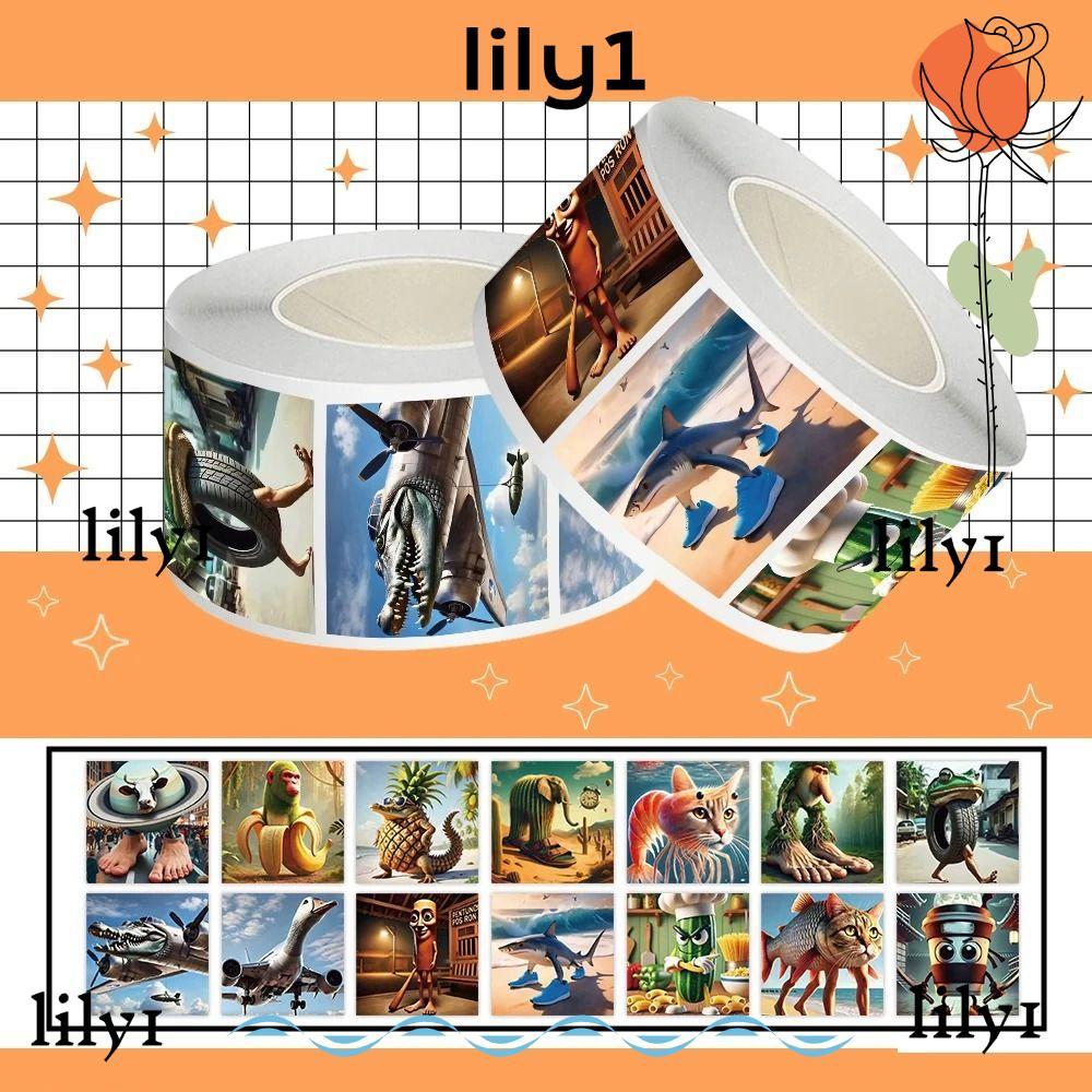 LILY 500 Cái / Cuộn Phim Hoạt Hình Dán, Động Vật Brainrot 500 Cái / Cuộn Tralalala Nhãn Dán, Thiết K