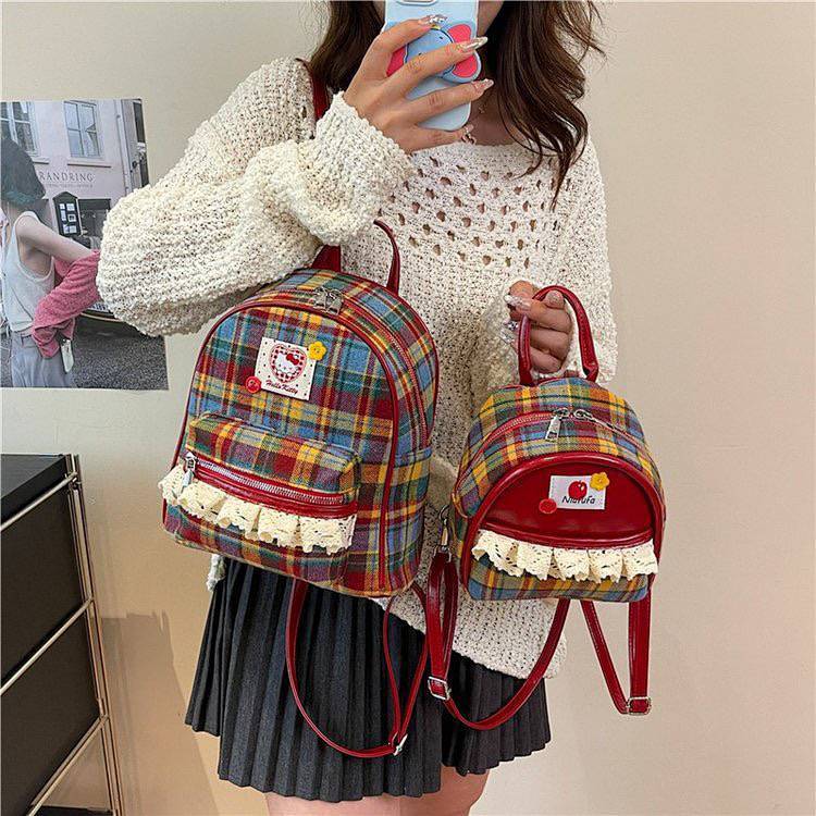 KT Bow Campus Checked Backpack Retro Cute Fashion Backpack 1Iwd