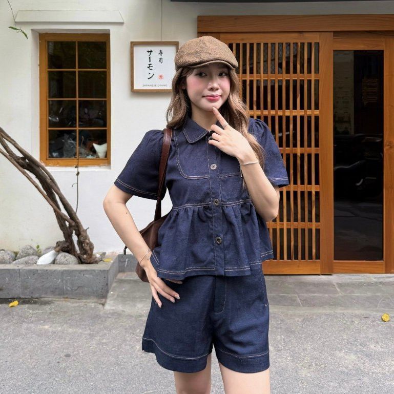 Quần short jean nữ lưng cao THE C.I.U, quần denim dáng suông 2 túi phối chỉ nổi basic – Hinari Short