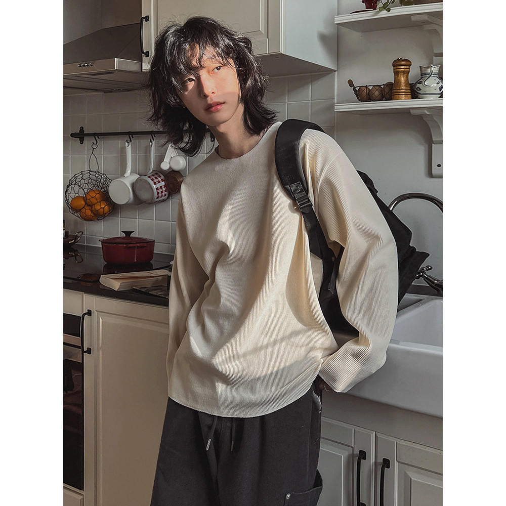 MYQ Casual Style Waffle Long Sleeve T Men's Autumn Solid Color Simple Round Neck Base Shirt Commutin