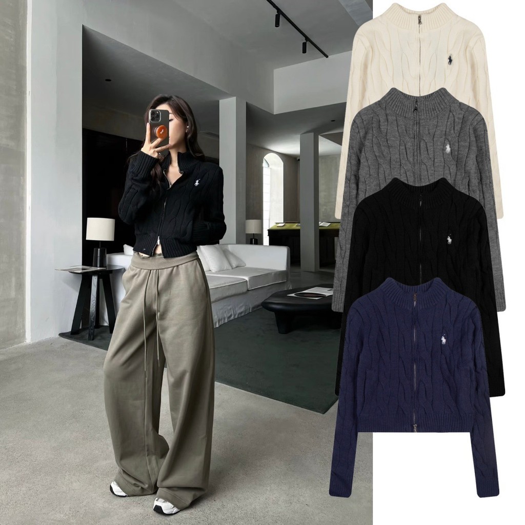 RL Little Pony Logo Embroidered Cable Zipper Sweater Cardigan Slim Fit Cable Knit Wool Long Sleeve W