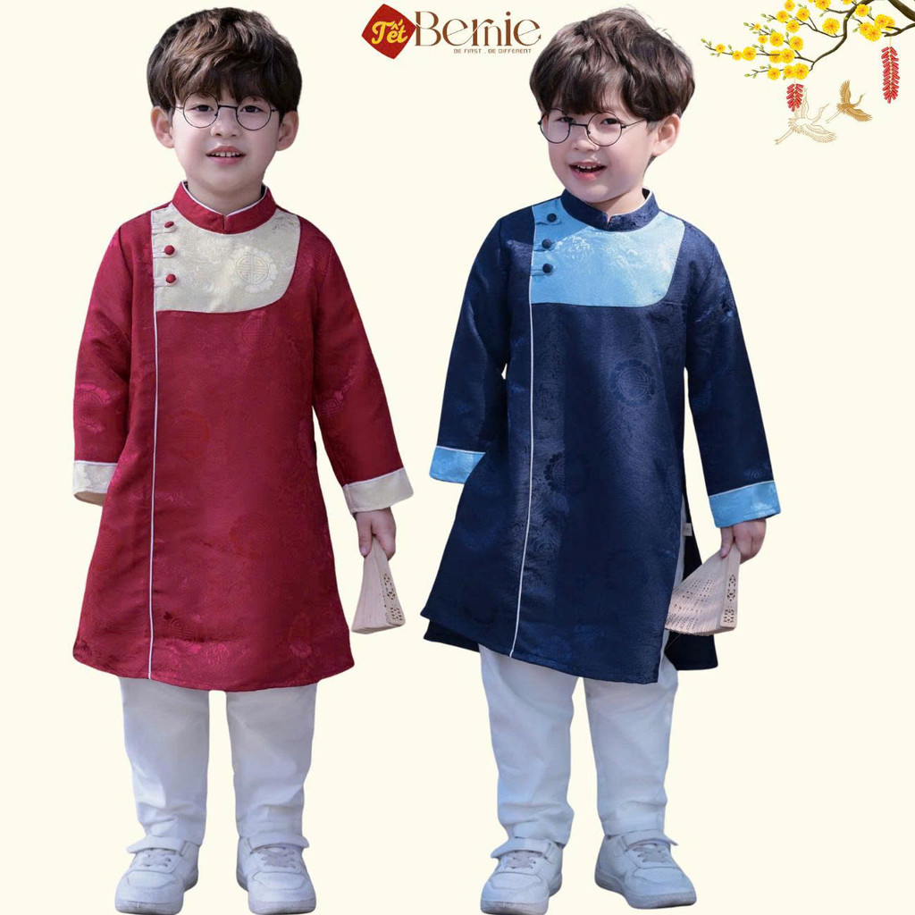 Set áo dài cách tân kèm quần cho bé trai gấm vân mây Minh quân mặc Tết 11 đến 28kg BERNIE H0925B34