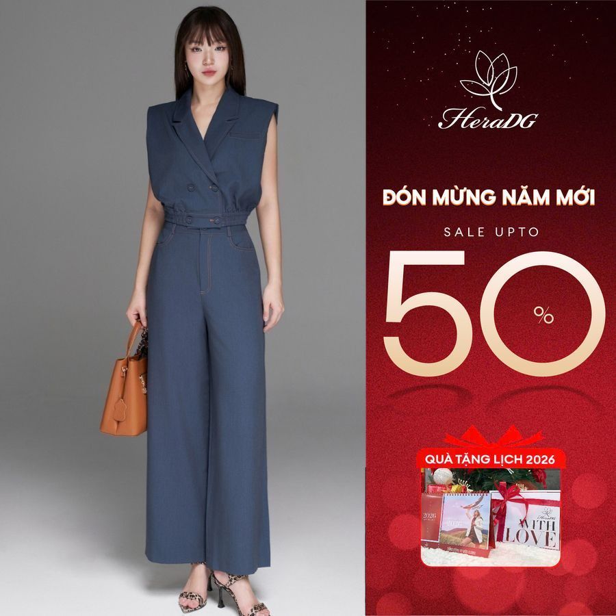 Bộ đồ nữ set áo quần HeraDG áo gile cổ vest độn vai,chun gấu, quần dài suông, chất Tuytsi giả bò cao