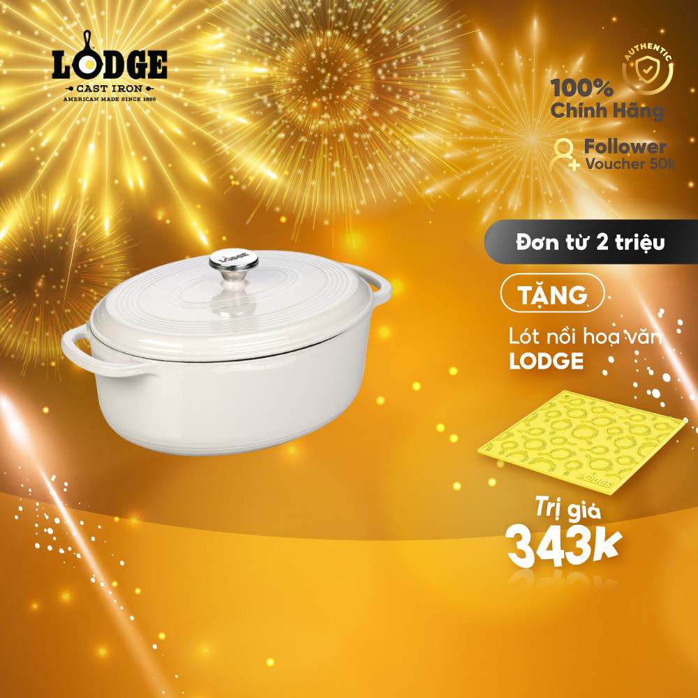 Lodge - Nồi gang oval phủ men màu trắng - 6.6L