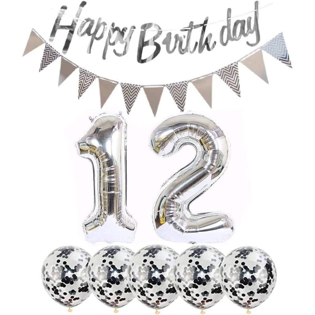2 Bong Bóng Số 12 + Vòng Hoa Chúc Mừng Sinh Nhật + Bạc Biểu Ngữ Bóng Bay Sinh Nhật Thứ 12 + 5 Quả Bó