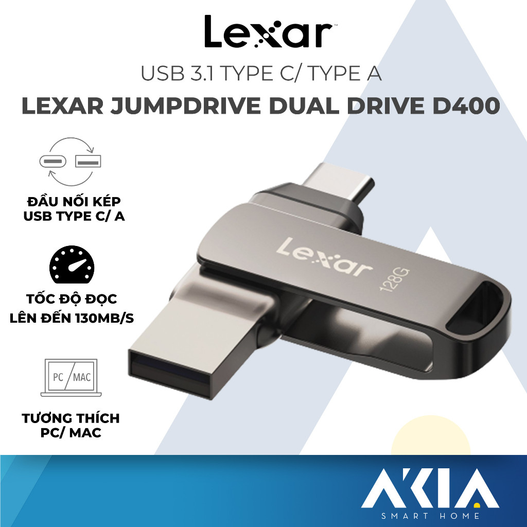 USB 3.1 32GB/ 64GB/ 128GB/ 256GB Lexar JumpDrive Dual Drive D400 Type-C/ Type-A, tốc độ đọc 130Mb/s