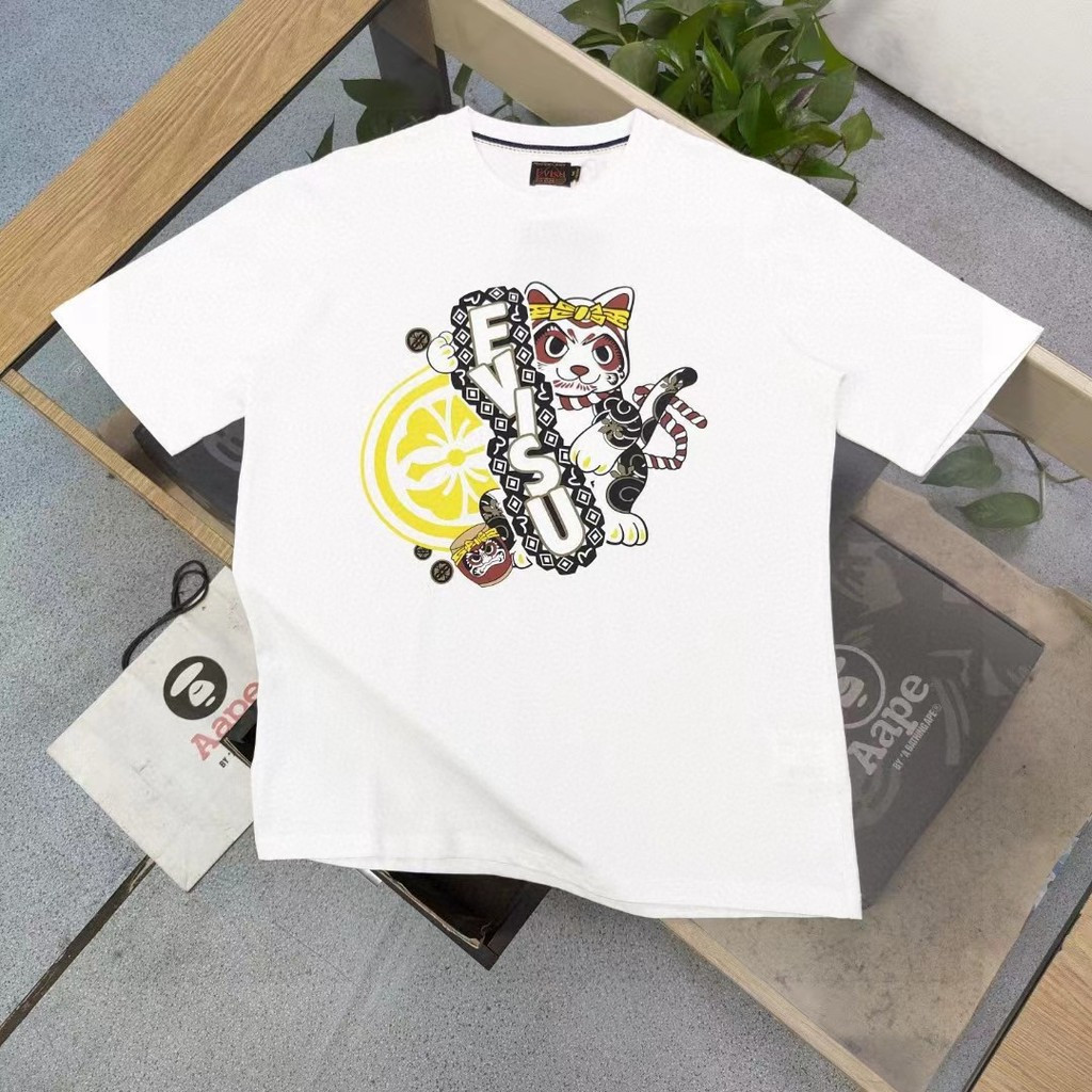 Áo Thun Ngắn Tay EVISU/Fushen Thoáng Khí Cho Nam và Nữ