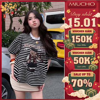  Áo thun boxy Miucho vải thun bo rip cao cấp thoáng mát BST gấu teddy kẻ sọc mix màu chuẩn form 