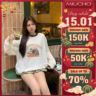  Áo thun boxy tay dài Miucho chất vải thoáng mát mềm mại chuẩn form BST Cartoon phối cổ mix màu 