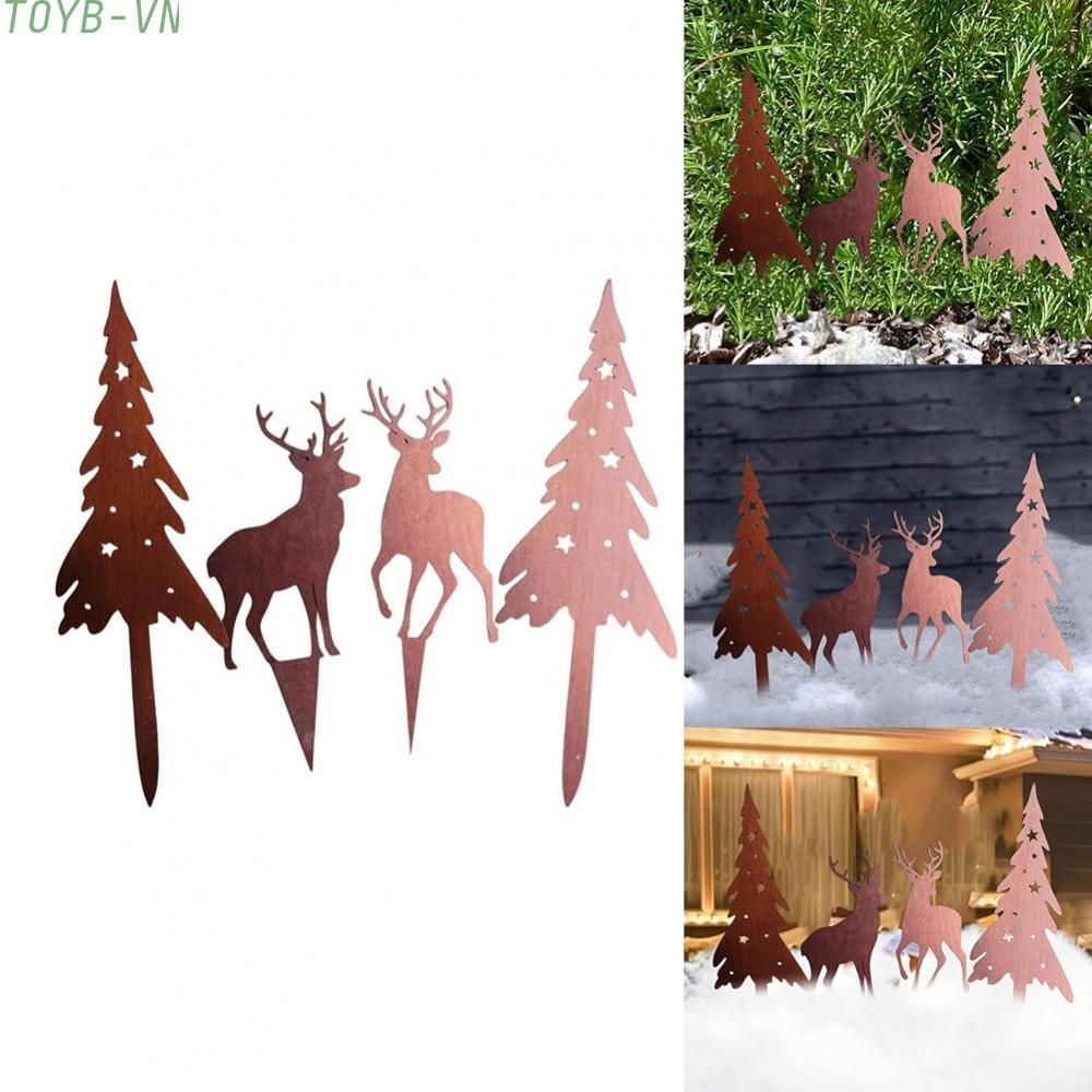【TOYBOX】Set of 4 Rusty Metal Christmas Tree and Deer Ground Art for Outdoor Winter Decor