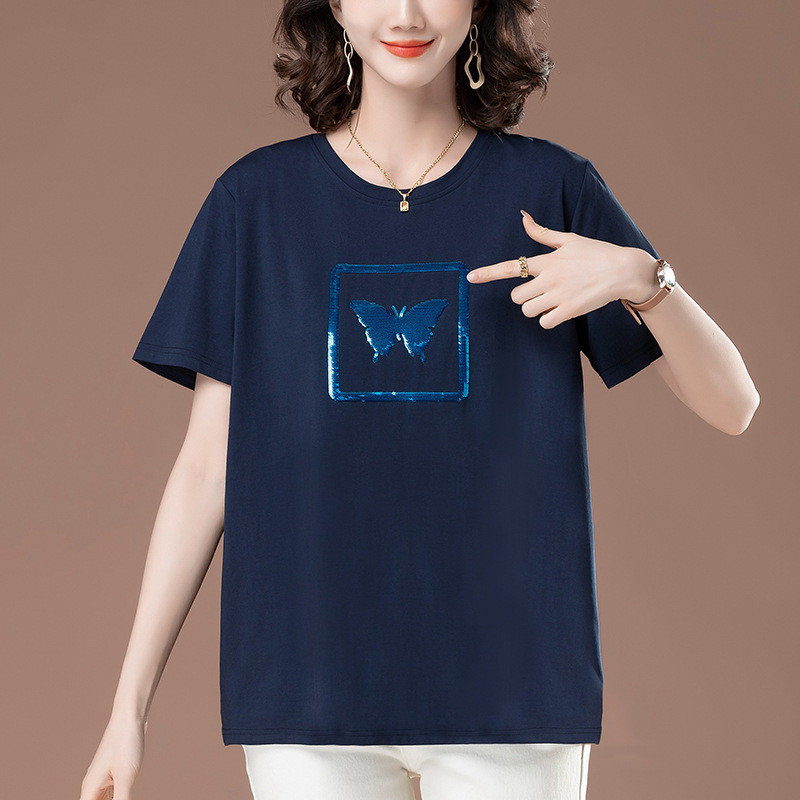Mom's Summer Short-Sleeved T-shirt Women's Loose plus Size plus Size Women's Sequins Western Style A