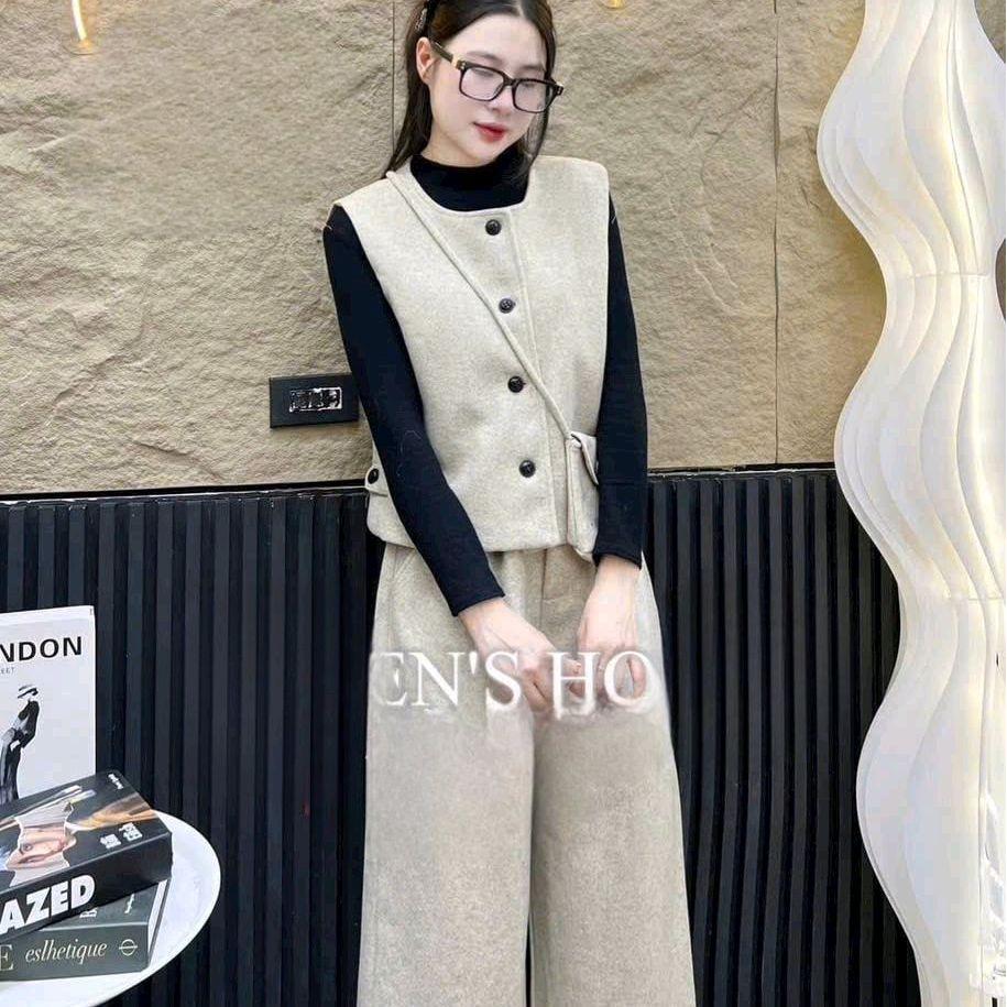 Sét dạ lông thỏ 3 món gile kèm áo thun đen kèm quần suông lưng chun đẹp