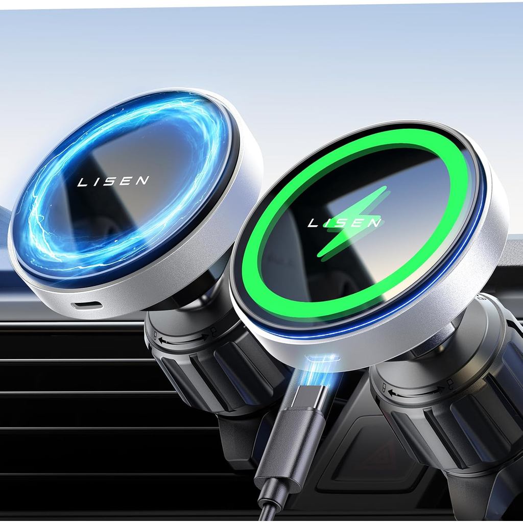 LISEN cho iPhone 16 Bộ sạc gắn trên ô tô Magsafe, Sạc nhanh Bộ sạc ô tô không dây từ tính 15W Lỗ thô