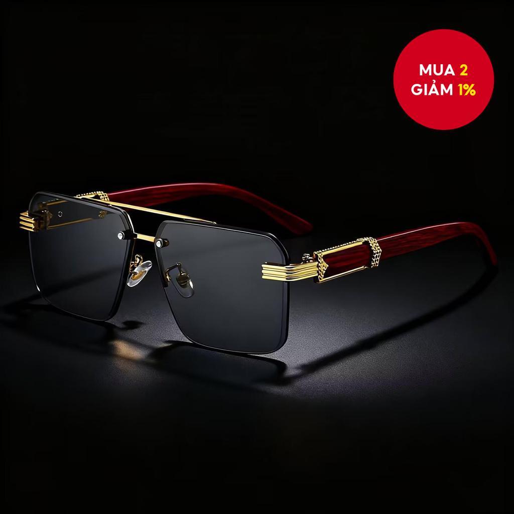 Kính râm nam retro vuông không gọng - Gọng gỗ vân nhẹ chống tia UV