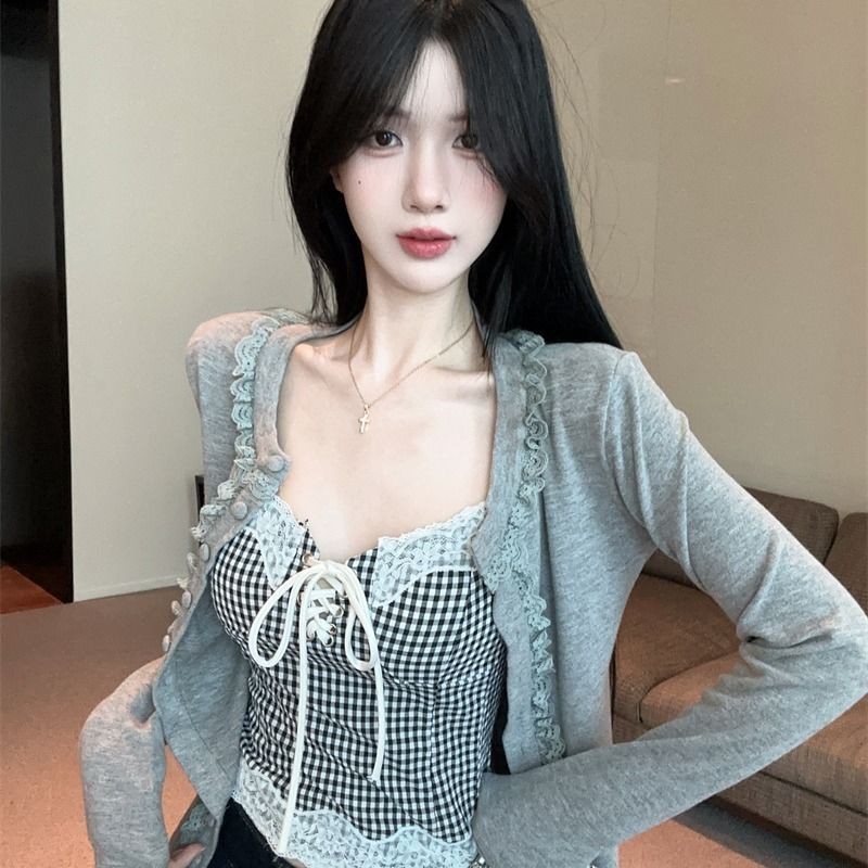 Set Ren Camisole và Tube Top Cardigan Phong Cách Chanel cho Nữ - Thu Đông