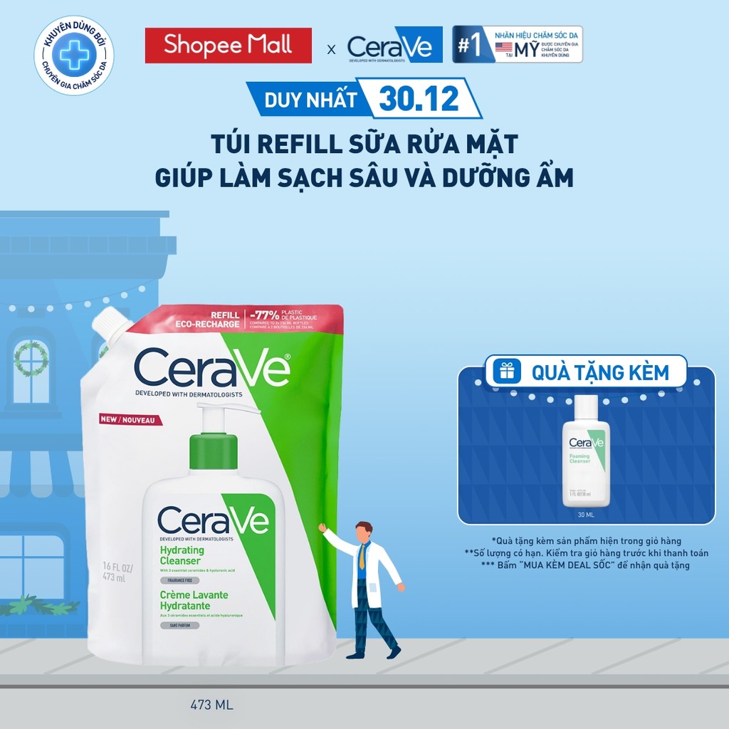  Túi refill sữa rửa mặt giúp làm sạch sâu và dưỡng ẩm Cerave Hydrating Cleanser 473ML 