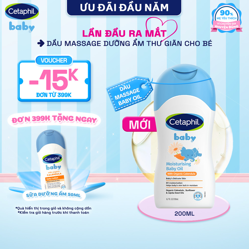  MỚI  Dầu massage dưỡng ẩm làm dịu da bé với hoa cúc Calendula Hữu Cơ Cetaphil Baby Moisturising Baby Oil 200ml 