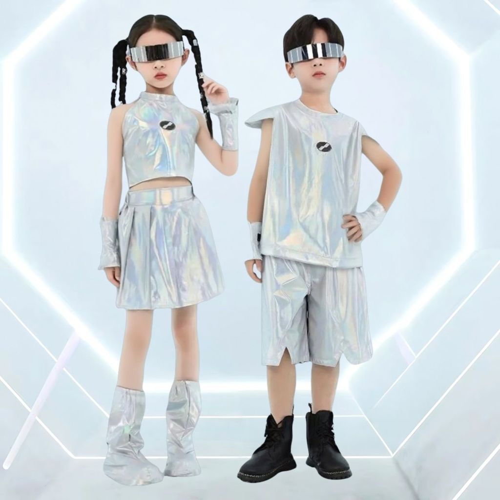 Công Nghệ Trẻ Em Cảm Giác Trang Phục Robot Tương Lai Chủ Đề AI Bạc Sáng Bóng Hiệu Suất Trang Phục Bé