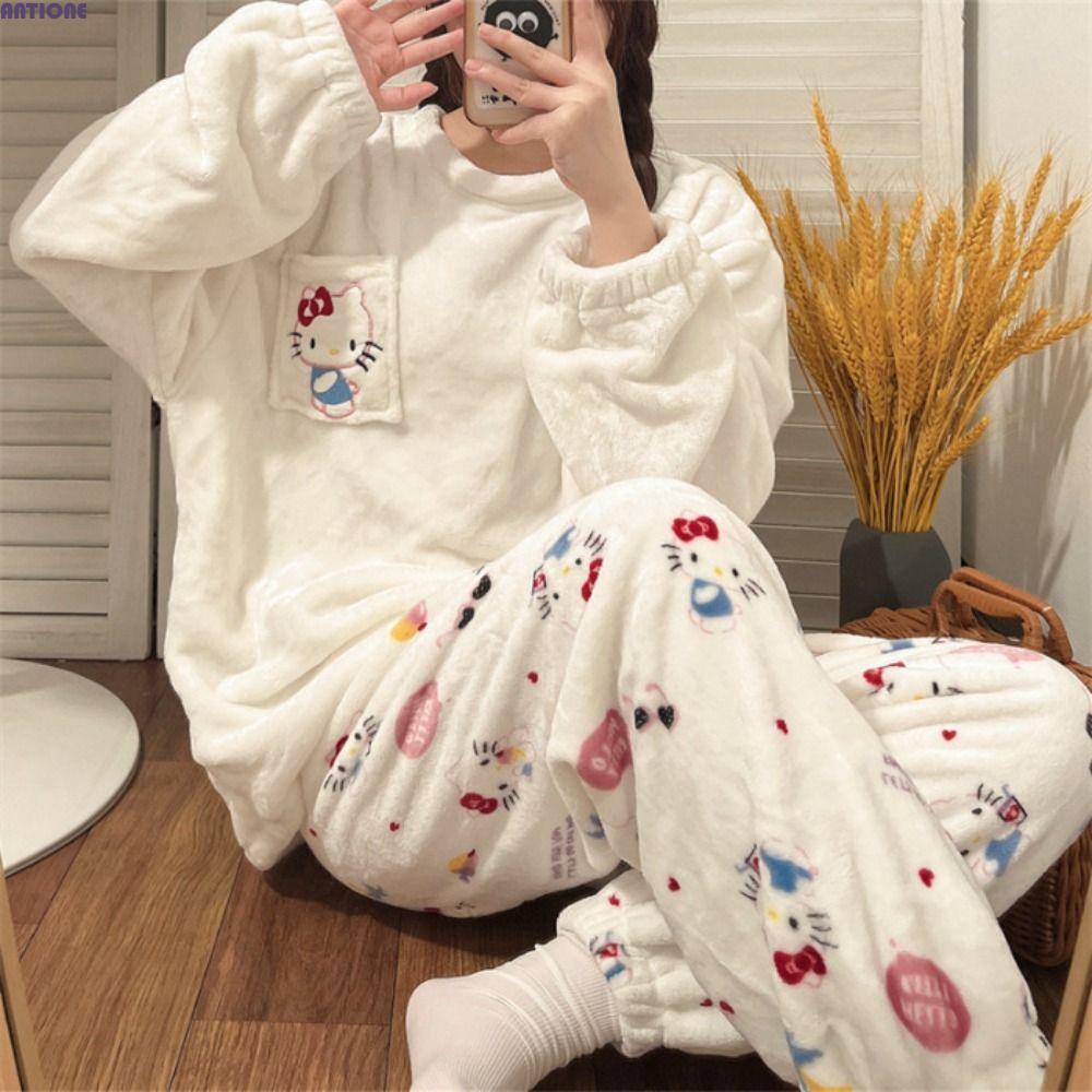 ANTIONE Bộ Đồ Ngủ Nữ, Cinnamoroll Kuromi Coral Fleece Sleepwear, Kawaii Melody Kitty Cat Pants Ấm Áp