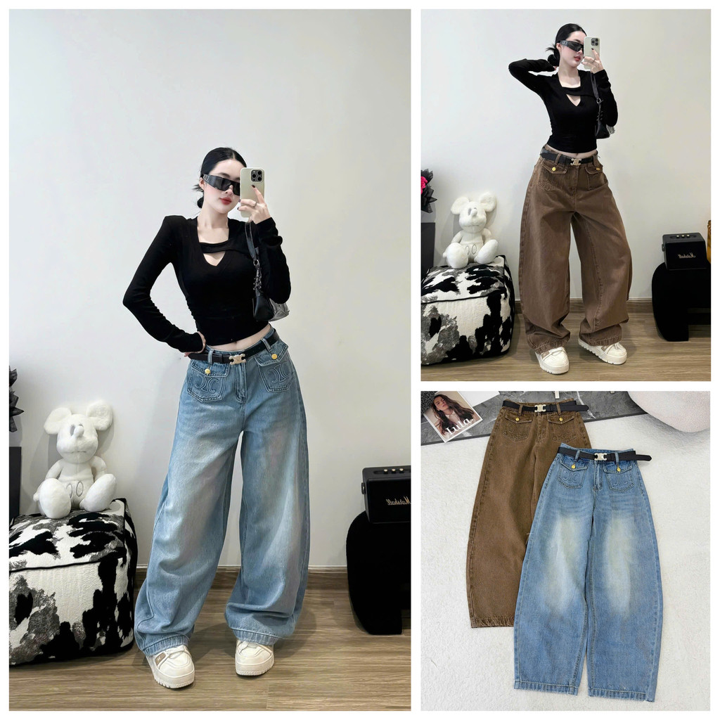 [Follow shop nhận mã 10k] Quần dài jeans denim bò suông bom kèm đai Meo Meo Shop QD1276 8510