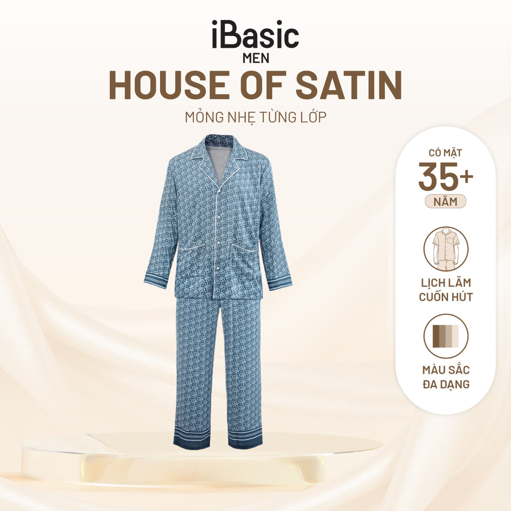Đồ bộ mặc nhà nam iBasic lụa satin họa tiết IB tay dài HOMM016