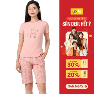   SALE  Bộ đồ nữ YODY set áo quần lửng bộ thun vải cotton thoáng mát thoải mái in hình thỏ WCST25S108 