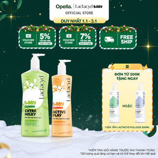  Bộ Sữa Tắm Gội Trẻ Em Lactacyd Baby Extra Milky Size Jumbo 800ml + Chai Sữa Tắm Gội Trẻ Em Active Play 500ml 