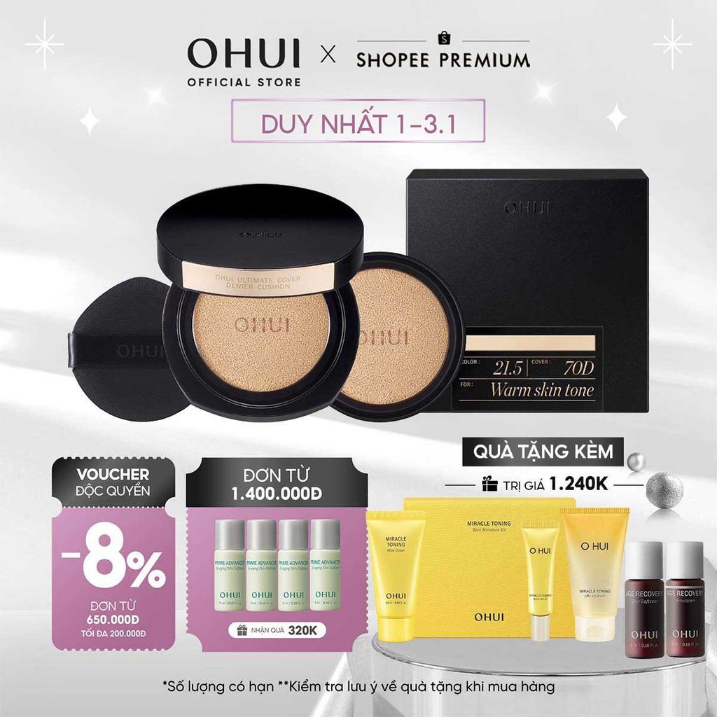   OHUI Official  Phấn nước kiềm dầu che phủ cao mỏng nhẹ OHUI Ultimate Cover Denier Cushion SPF50 PA+++ 13G  Tặng 1 lõi  
