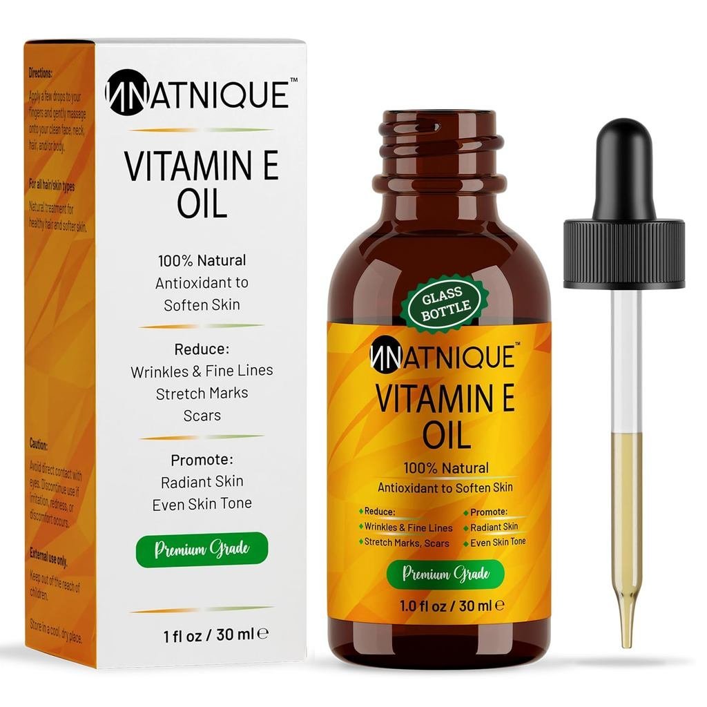 Dầu Vitamin E Natnique 1 oz – Tocopherol D-Alpha tự nhiên cho mặt, da, tóc & móng tay – Kem dưỡng ẩm