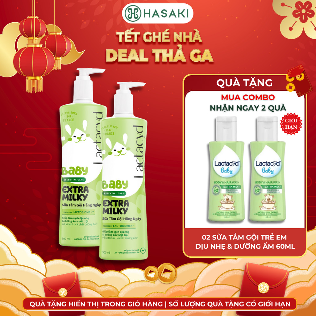 Combo 2 Sữa Tắm Gội Trẻ Em Lactacyd Baby Dịu Nhẹ & Dưỡng Ẩm 500ml Extra Milky Body And Hair Wash Has