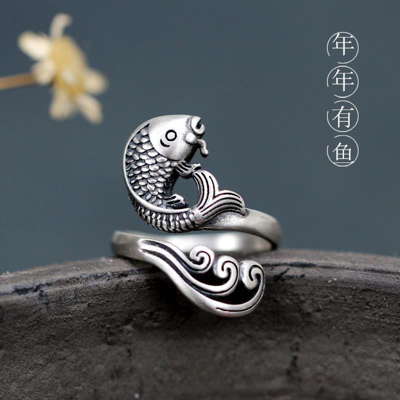 Popular~Exaggerated and Unique Ancient Style Vintage Distressed Open Ring Plain silver carp ancient 