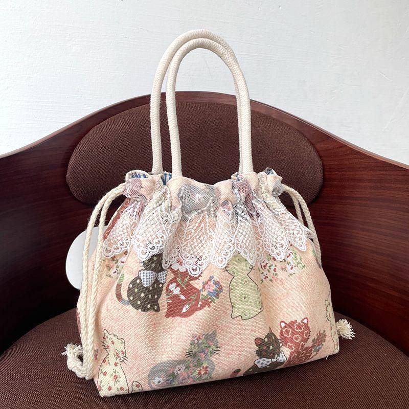 Ethnic Retro Stylish Bag Women's Drawstring Canvas Bag Lunch Box Bag out Lunch Box Bag Handbag Inter