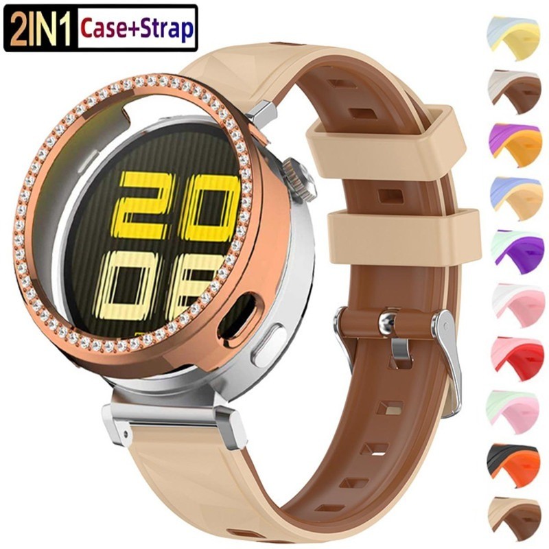 Vỏ kim cương + Dây đeo silicon cho Huawei GT6 41mm Dây đeo mềm pha lê đá hai màu cho Huawei Watch GT