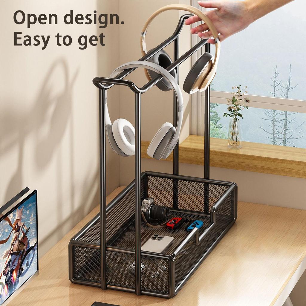 Headset Stand Desk Headphone Stand Rack Organizer with Tray for Classroom Studio Controller Computer