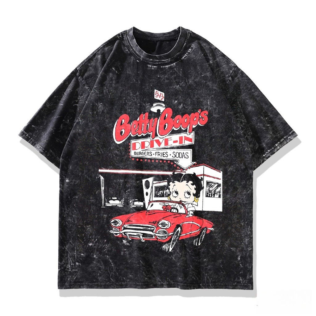 Áo thun Betty Boop mới - Phong cách hoạt hình Betty Boop rộng rãi, đã qua xử lý - Áo retro rạp chiếu
