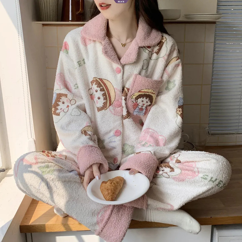 Bộ Đồ Ngủ Nữ Chibi Maruko-chan Màu Cherry, Vải Bông Mềm Mại, Ấm Áp Mùa Đông