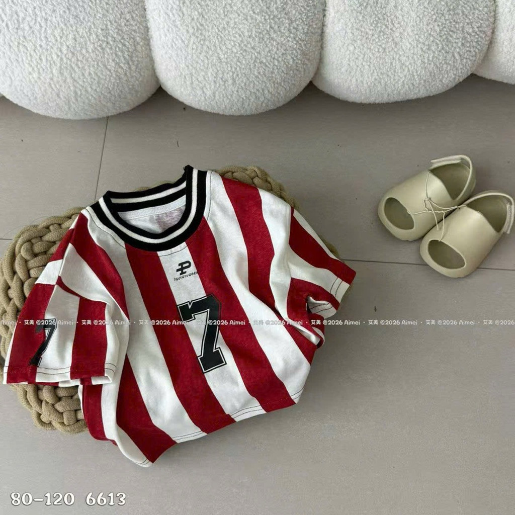 BABYMUNKIDS [80-120]  Áo Thun form rộng ngang kẻ sọc đỏ trắng số 7 quảng châu Trẻ em mùa xuân 2026