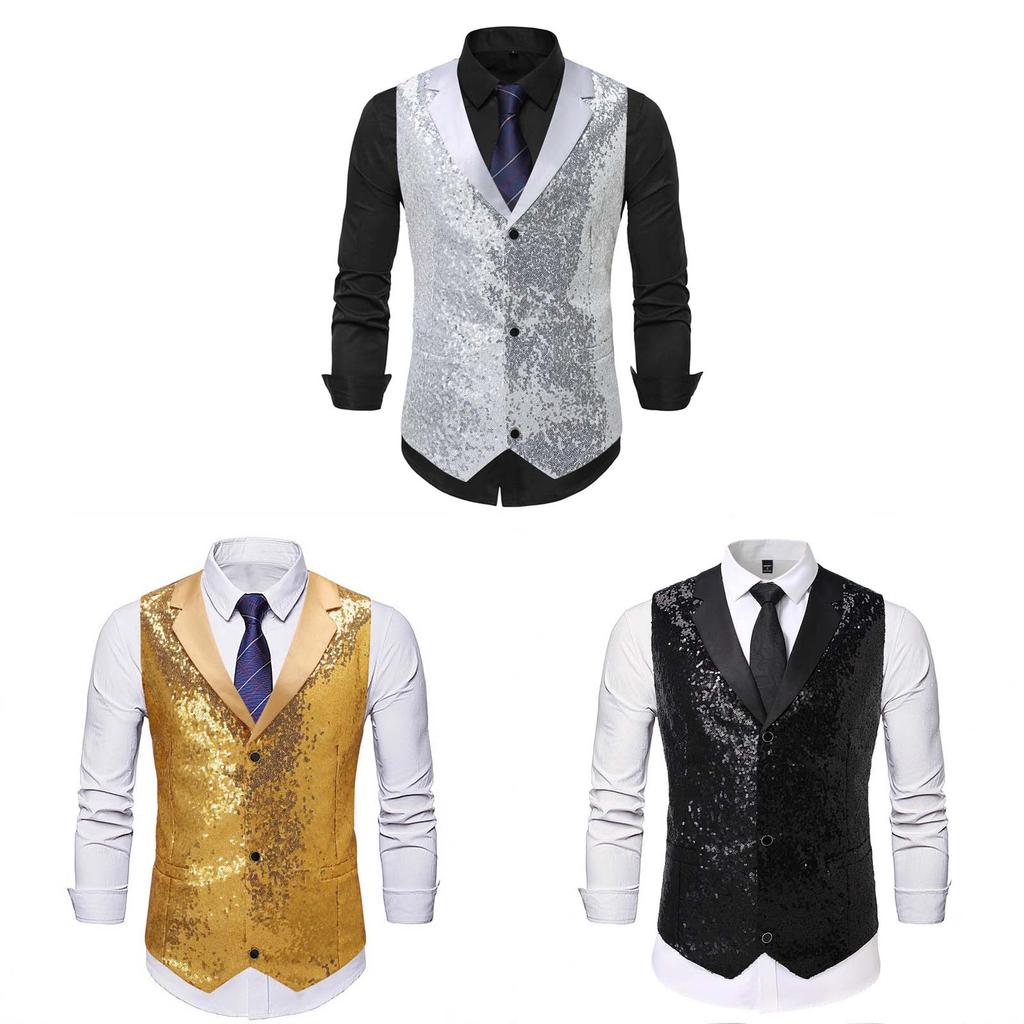 TSSOE Nam Sáng Bóng Kim Sa Lấp Lánh Slim Áo Ghi Hình Ve Áo Phía Trước Nút Xuống Mũi Nhọn Vest Áo Bể 