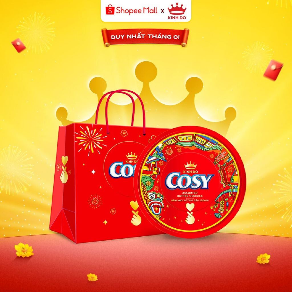   VC 15%   CÓ TÚI GIẤY  Hộp Thiếc Quà Tết Bánh Quy Cosy Tết Thập Cẩm Sôcôla Hộp 390g - LIVE 