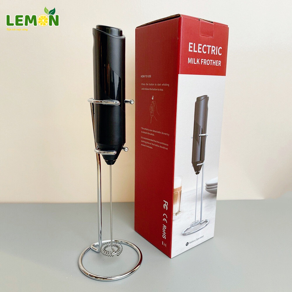 Máy đánh trứng mini, Máy tạo bọt cà phê LEMON cầm tay nhựa ABS, inox 304 cao cấp có giá đỡ tiện lợi