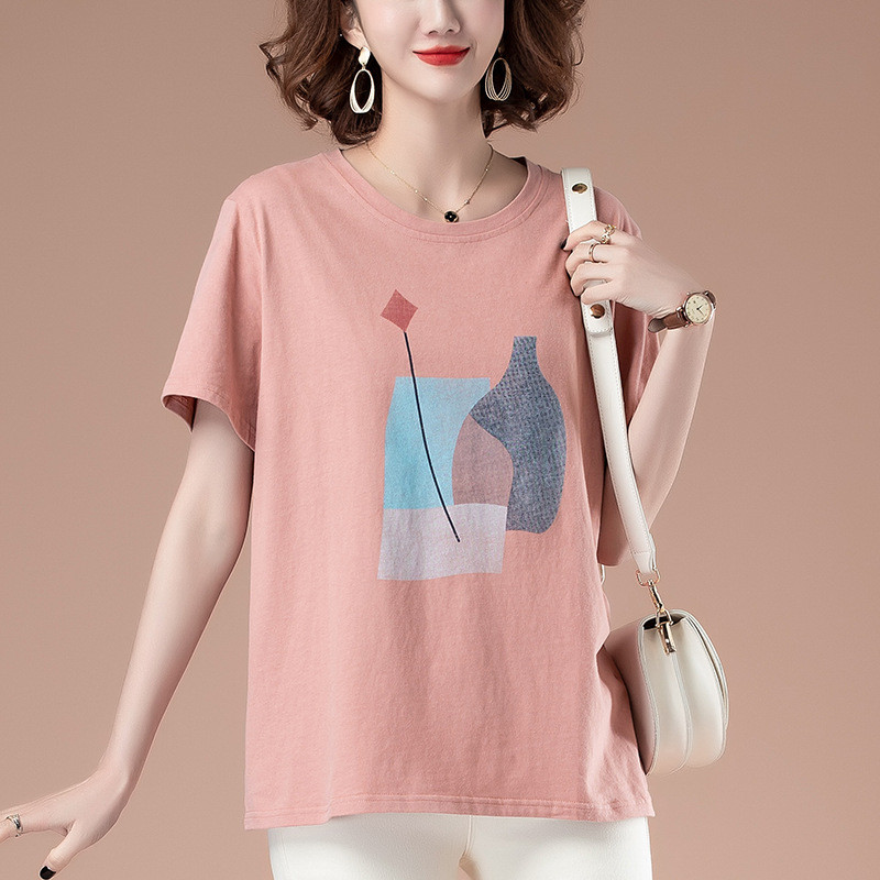 All Cotton Short Sleeve T-shirt Women's Summer plus-Sized plus Size Women's Clothing Loose Printed B