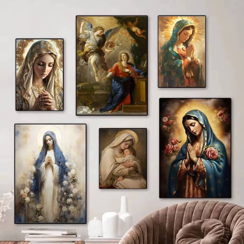 Virgin Mary and Jesus Canvas Christian Faith Poster Home Wall Art, Vintage Living Room Kitchen Bathr