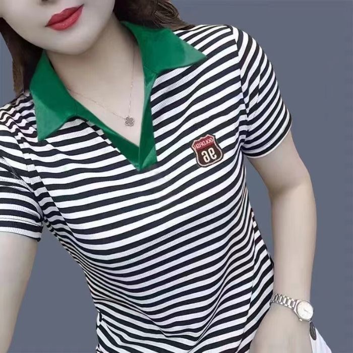 Short Sleeve Striped T-shirt Quality Top Women Polo Shirt plus Size Women's Clothing Western Style F