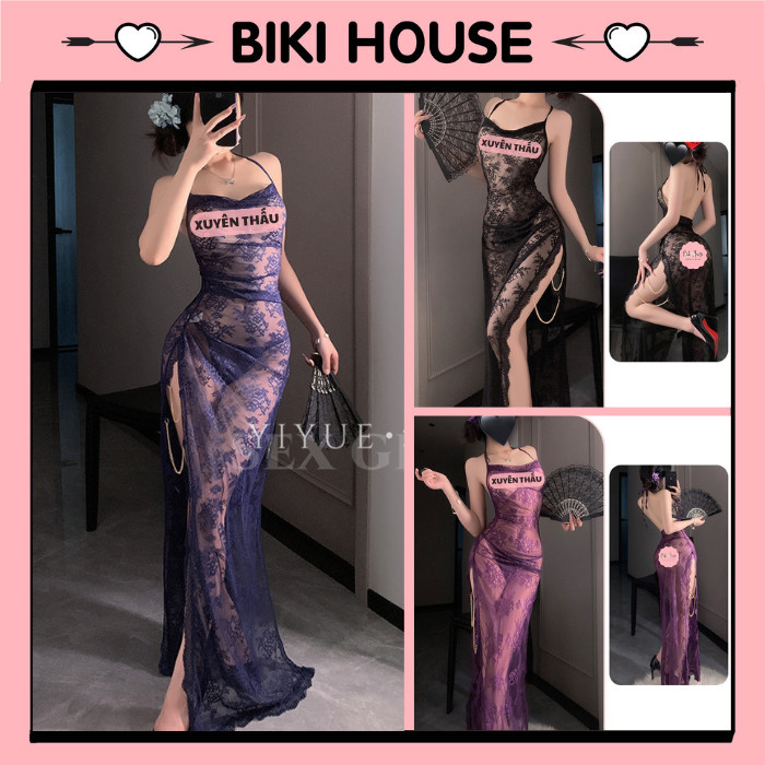 Đầm ngủ maxi ren hoa xẻ tà đùi gợi cảm thanh lịch váy ngủ dài 2 dây cổ yếm dáng body quyến rũ đáng y