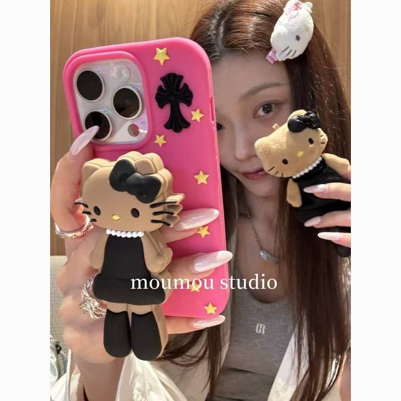 Cartoon Three-Dimensional Leopard Print Hello Kitty Bracket Iphone17promax Apple 16 Phone Case 14 Si