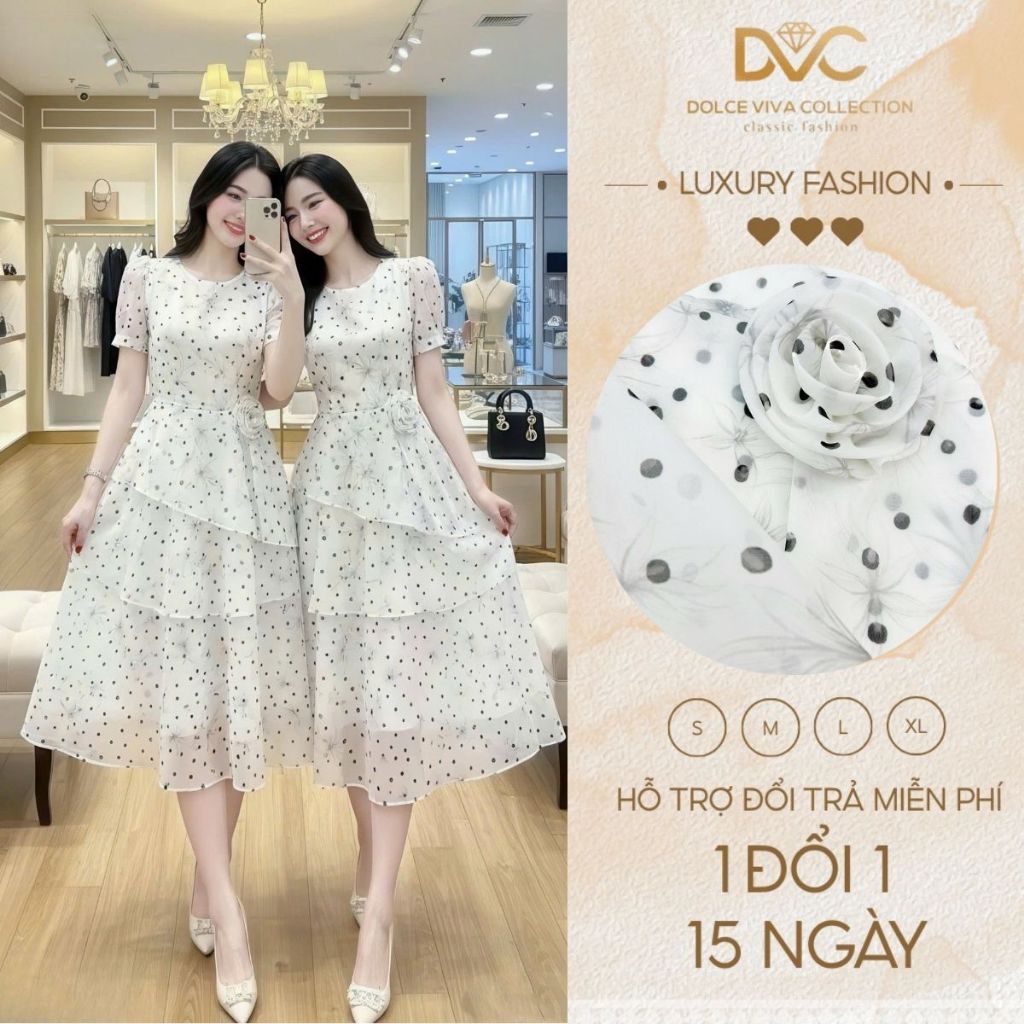 Váy Tơ Trắng Dáng Xòe Chấm Bi, Hoa Eo, Cộc Tay DS6262 - Chính Hãng DVC