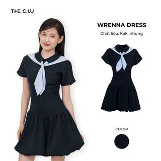  Đầm xòe cổ sơ mi tay ngắn kèm khăn choàng THE C.I.U váy liền dáng xòe kaki nhung phối cà vạt - Wrenna Dress 