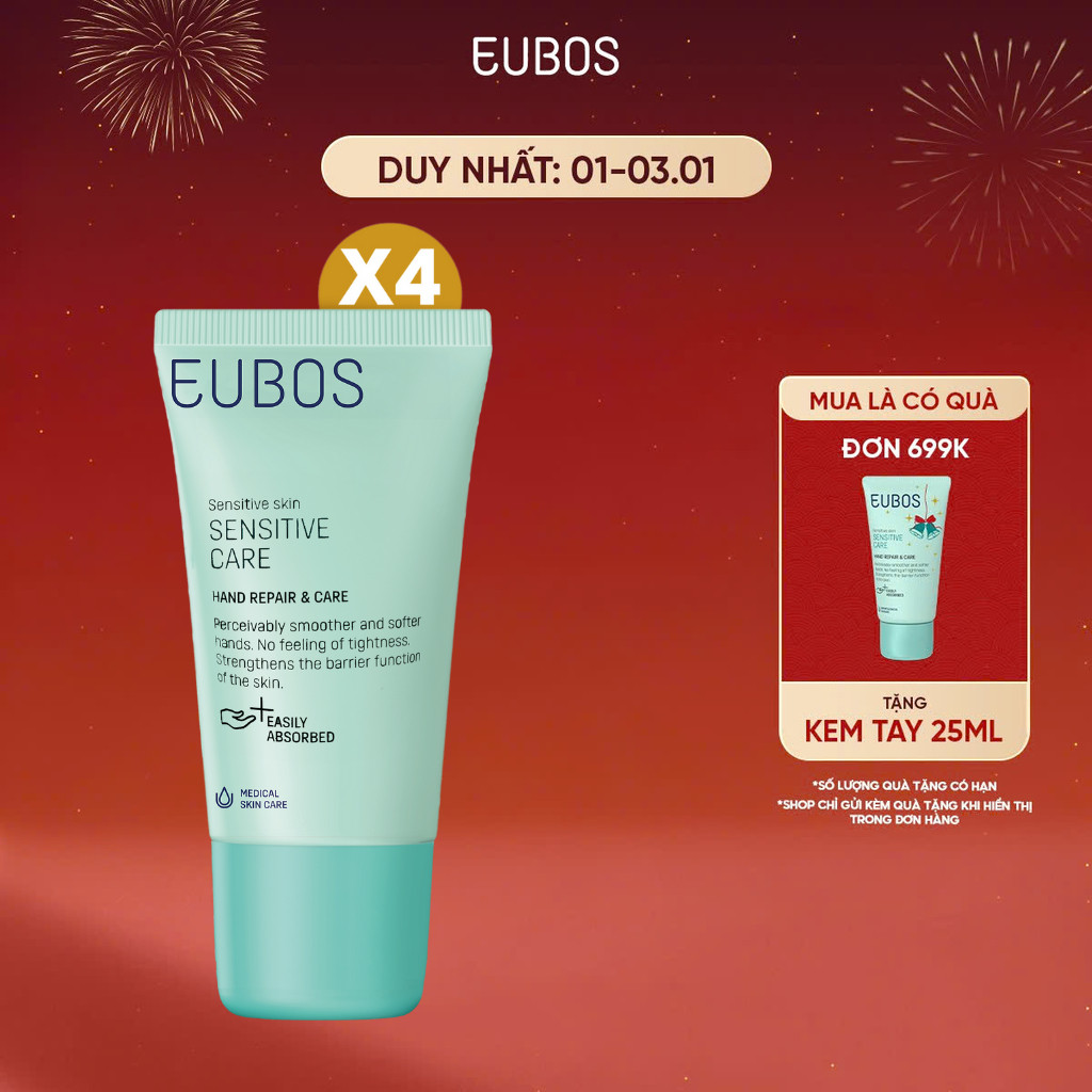  COMBO 4 Kem dưỡng da tay và móng EUBOS Giúp Mềm Mịn Dưỡng Ẩm An Toàn Cho Da Nhạy Cảm Tuýp 25ml x4 