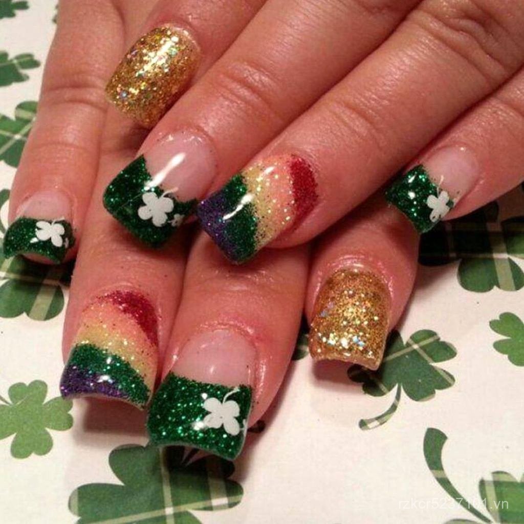 Thánh Patrick 's Day Press on Nails French Tip Press on Nails Green Lucky Clover Design, Glossy Sham