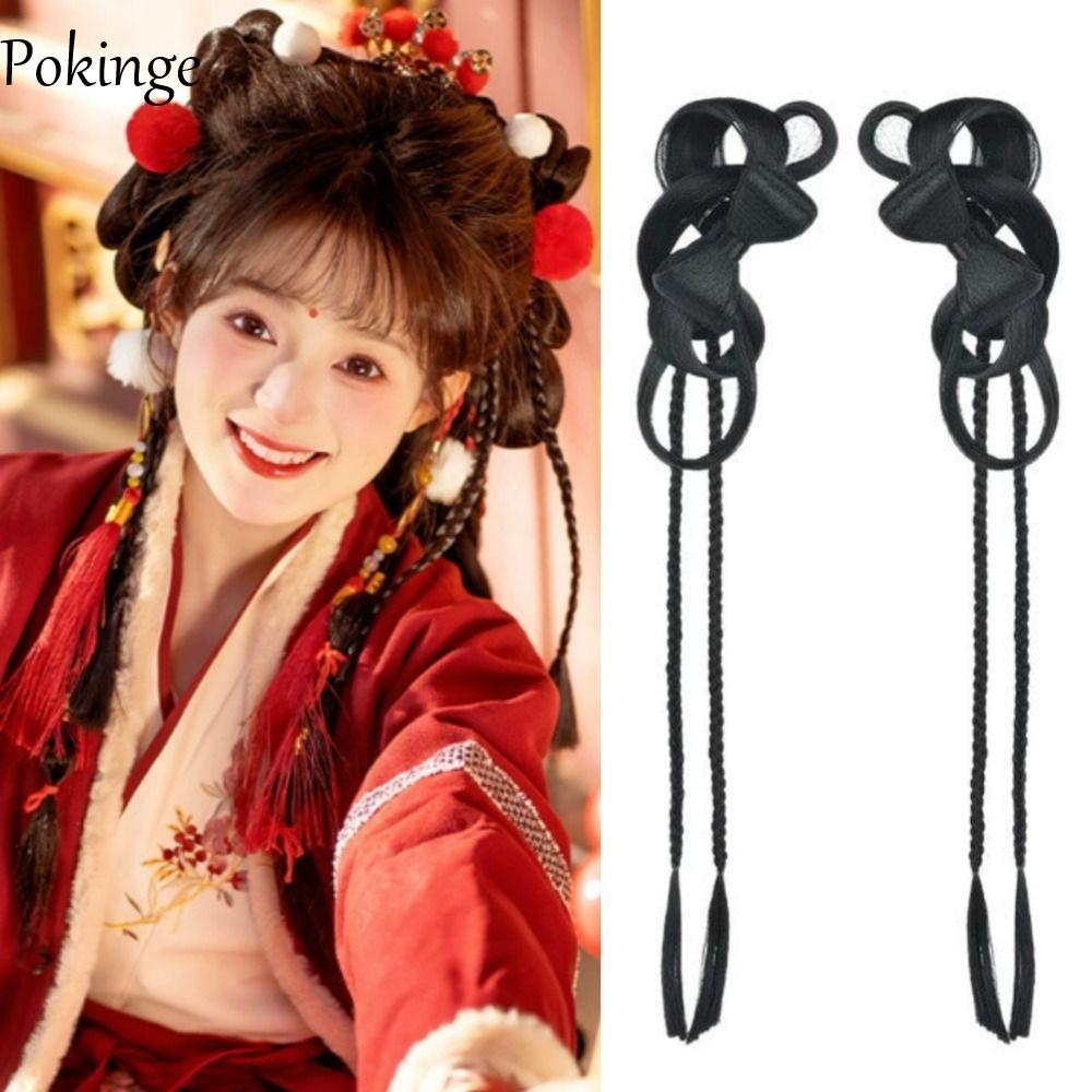 Pokinge Nơ Bun Head & Đôi Đuôi Ngựa Tóc Giả - Phù Hợp Cho Hanfu Twisted Braids & Cô Dâu